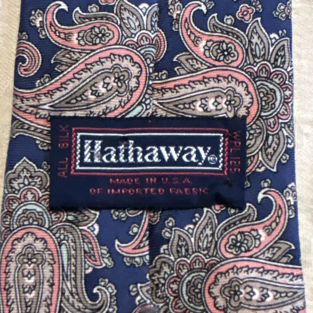 Vintage Hathaway Men's Silk Paisley Tie Navy Blue Red Grey Classic Made In USA